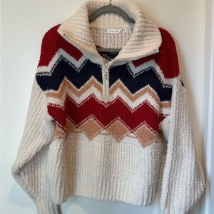 Altar'd State Cream Chevron Half-Zip Sweater with Red, Navy & Tan
